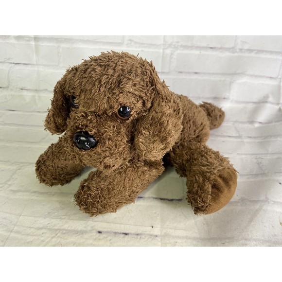 Aurora Dog Puppy Laying Brown Furry Stuffed Animal Plush Toy Red Collar - Picture 1 of 7